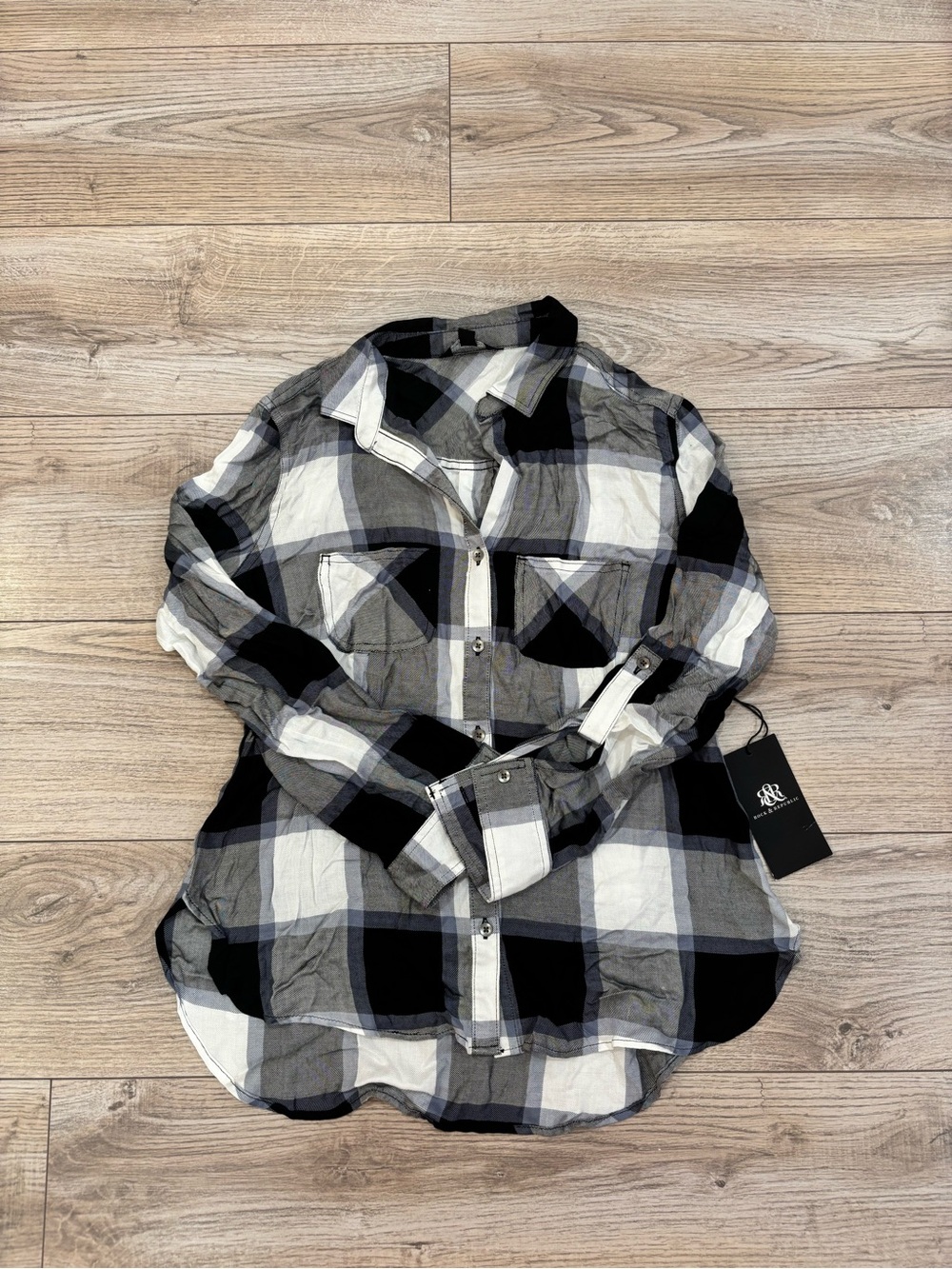 Rock & Republic Plaid Button Down Shirt Black White Gray NWT Size S
